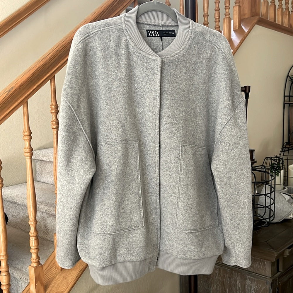Zara Oversized Boucle Gray Bomber Jacket Small